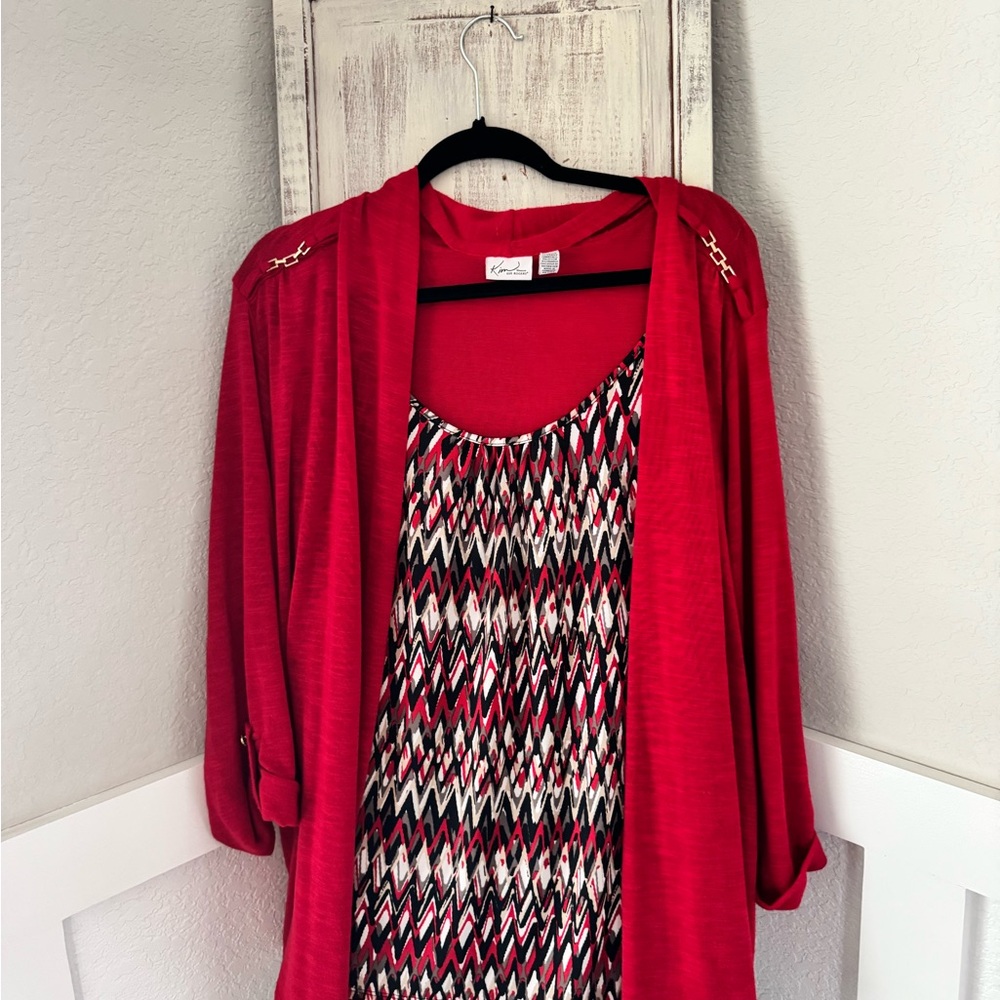 Kim Rogers Red Blouse with Patterned Connected Tank and Pretty Gold Accents 3X